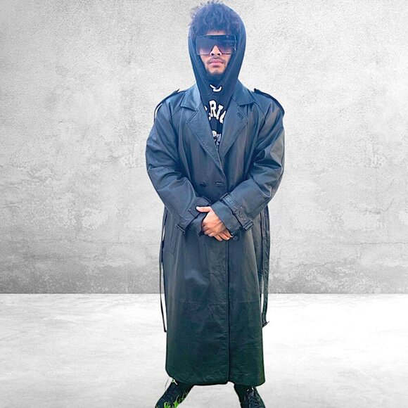 Leather Button Front Belted Trench Coat Men's Black Size XL - Picture 3 of 16